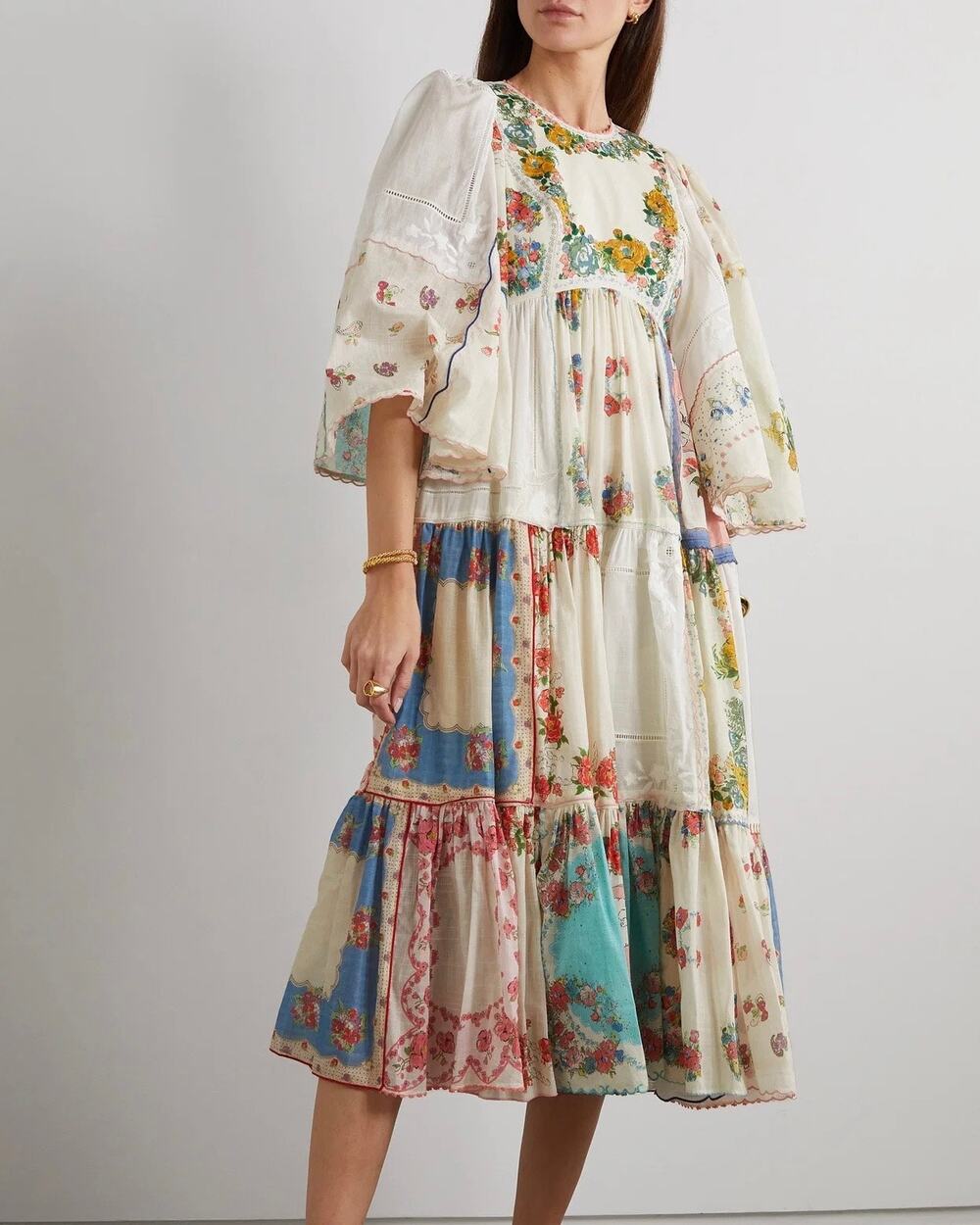 ZIMMERMANN Clover Floral Patched Midi Dress 3 Open Back Blouson Puff Sleeves